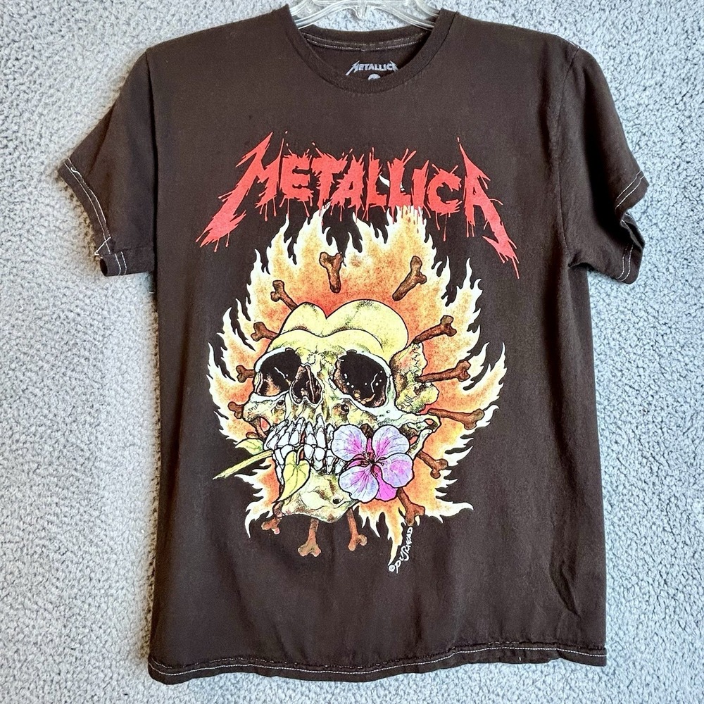 Metallica Shirt Mens Small Brown 2021 Pushead Skull Flower Flames Band Rock Tee